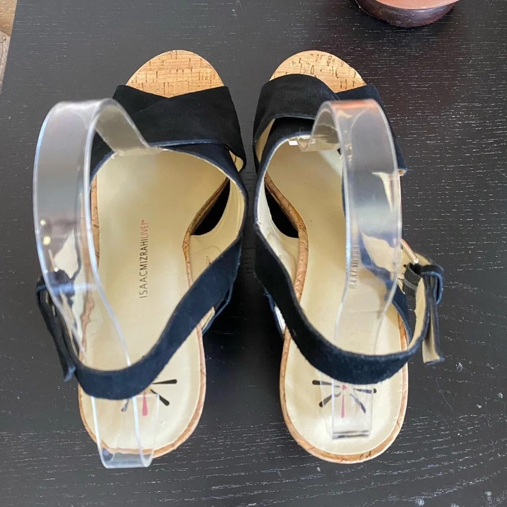 ISAAC MIZRAHI LIVE SLINGBACK CORK WEDGE SANDAL. MADDIE. BLACK SUEDE SZ 10 M
